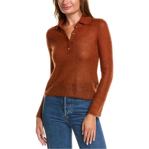NWOT Vince Brushed Mohair Wool Sweater Polo Henley Cinnamon Rust Brown XXS